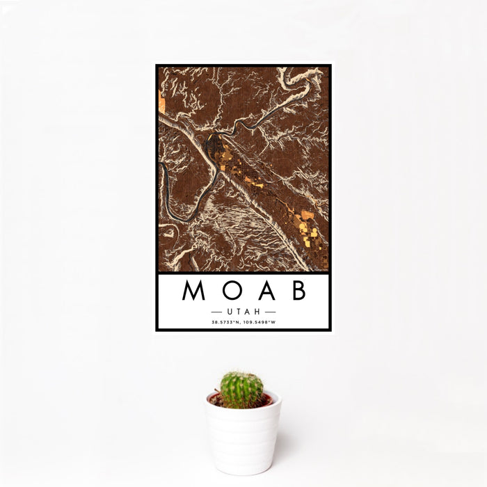 12x18 Moab Utah Map Print Portrait Orientation in Ember Style With Small Cactus Plant in White Planter