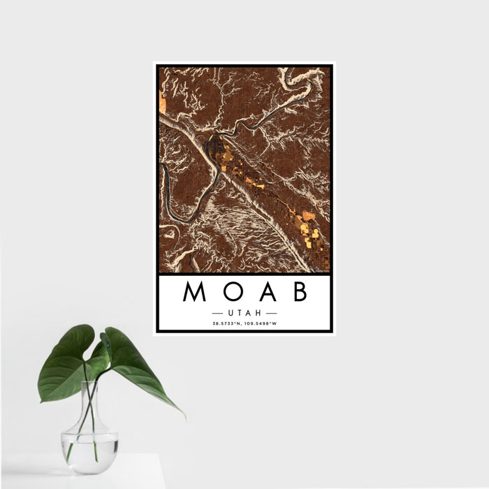 16x24 Moab Utah Map Print Portrait Orientation in Ember Style With Tropical Plant Leaves in Water