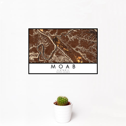 12x18 Moab Utah Map Print Landscape Orientation in Ember Style With Small Cactus Plant in White Planter