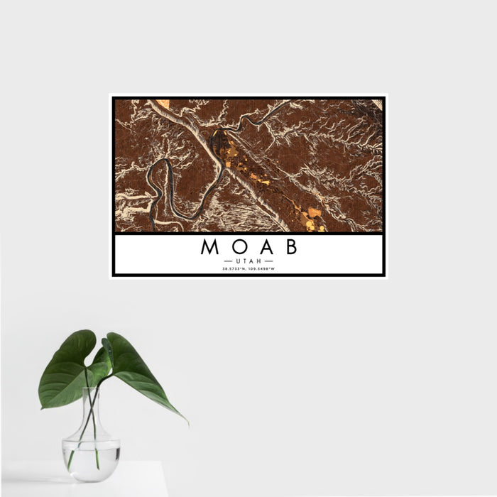 16x24 Moab Utah Map Print Landscape Orientation in Ember Style With Tropical Plant Leaves in Water
