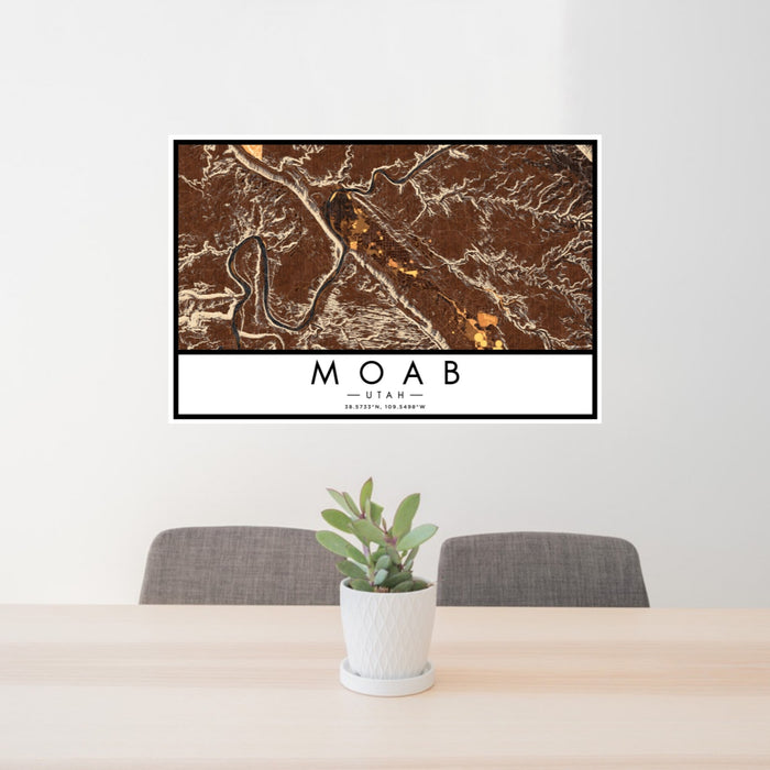 24x36 Moab Utah Map Print Landscape Orientation in Ember Style Behind 2 Chairs Table and Potted Plant