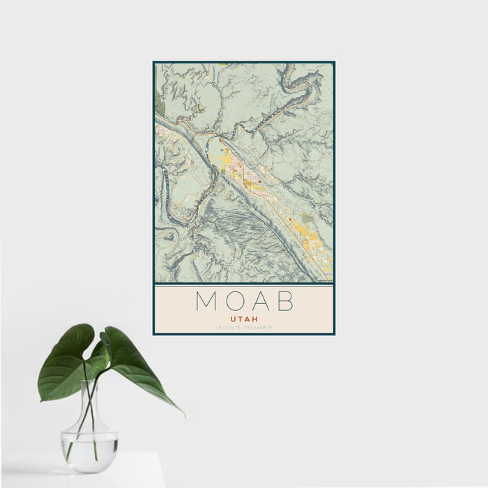 16x24 Moab Utah Map Print Portrait Orientation in Woodblock Style With Tropical Plant Leaves in Water