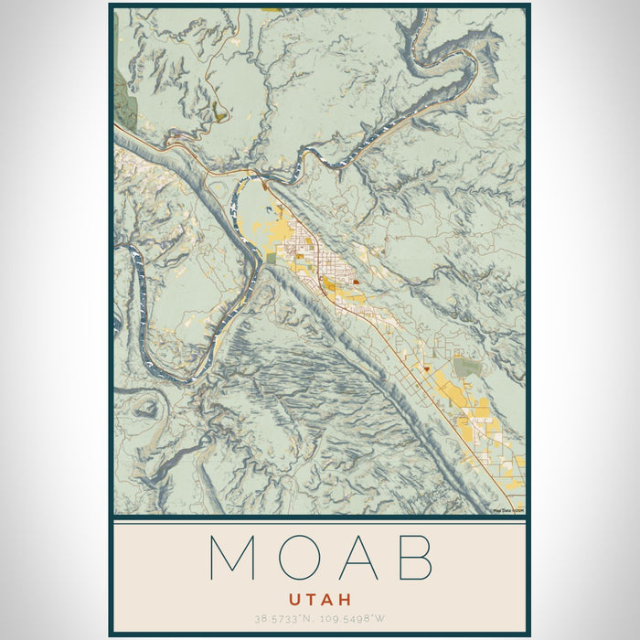 Moab Utah Map Print Portrait Orientation in Woodblock Style With Shaded Background