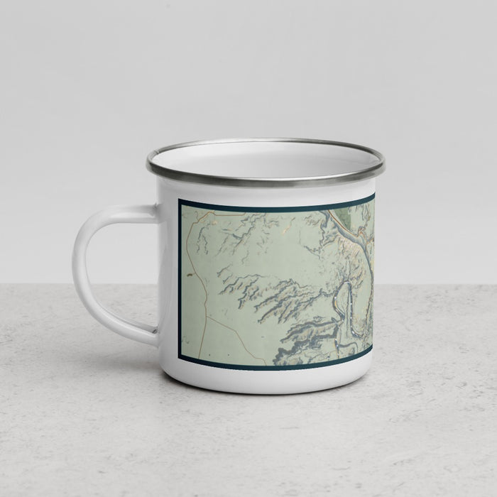 Left View Custom Moab Utah Map Enamel Mug in Woodblock