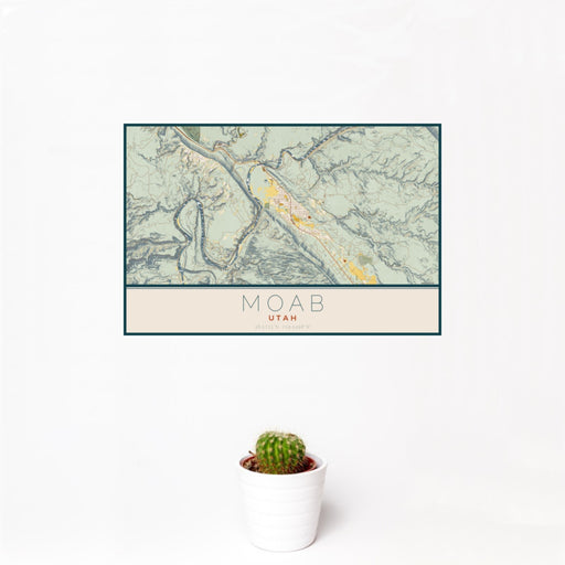 12x18 Moab Utah Map Print Landscape Orientation in Woodblock Style With Small Cactus Plant in White Planter