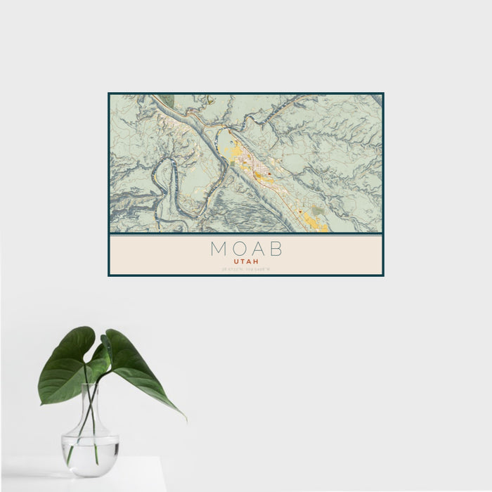 16x24 Moab Utah Map Print Landscape Orientation in Woodblock Style With Tropical Plant Leaves in Water