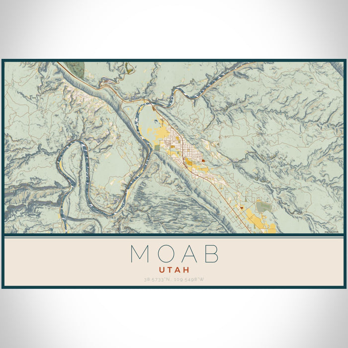 Moab Utah Map Print Landscape Orientation in Woodblock Style With Shaded Background