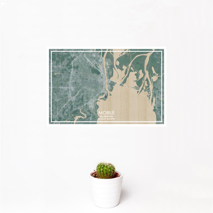 12x18 Mobile Alabama Map Print Landscape Orientation in Afternoon Style With Small Cactus Plant in White Planter