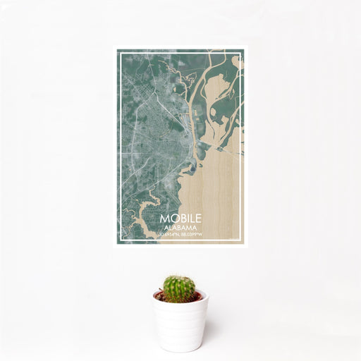 12x18 Mobile Alabama Map Print Portrait Orientation in Afternoon Style With Small Cactus Plant in White Planter