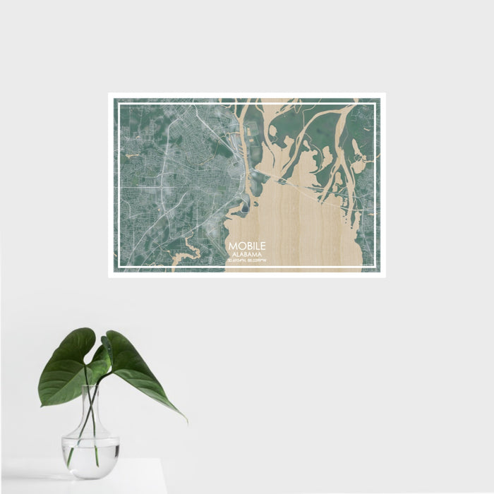 16x24 Mobile Alabama Map Print Landscape Orientation in Afternoon Style With Tropical Plant Leaves in Water
