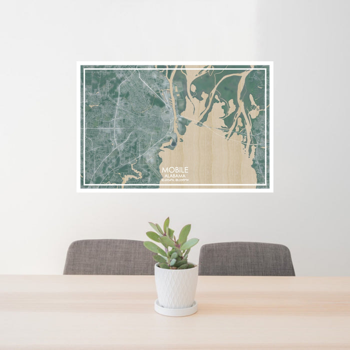 24x36 Mobile Alabama Map Print Lanscape Orientation in Afternoon Style Behind 2 Chairs Table and Potted Plant