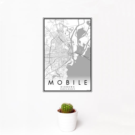 12x18 Mobile Alabama Map Print Portrait Orientation in Classic Style With Small Cactus Plant in White Planter