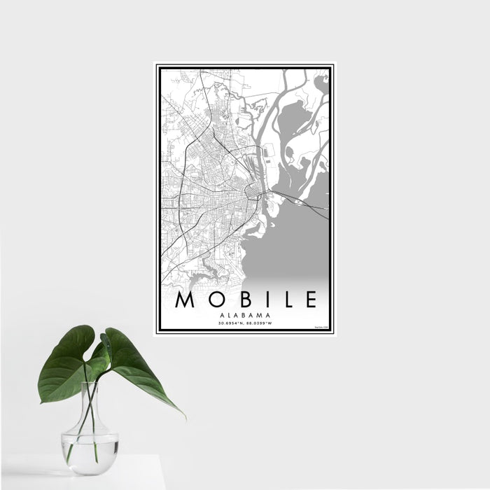 16x24 Mobile Alabama Map Print Portrait Orientation in Classic Style With Tropical Plant Leaves in Water