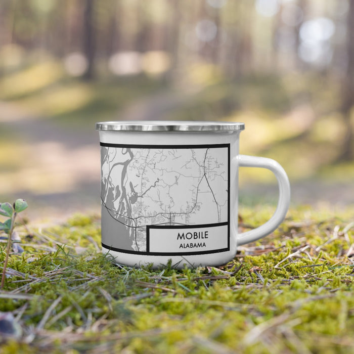 Right View Custom Mobile Alabama Map Enamel Mug in Classic on Grass With Trees in Background
