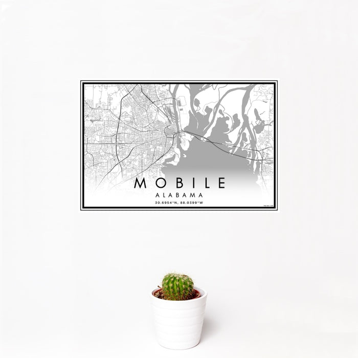 12x18 Mobile Alabama Map Print Landscape Orientation in Classic Style With Small Cactus Plant in White Planter