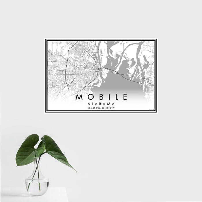 16x24 Mobile Alabama Map Print Landscape Orientation in Classic Style With Tropical Plant Leaves in Water