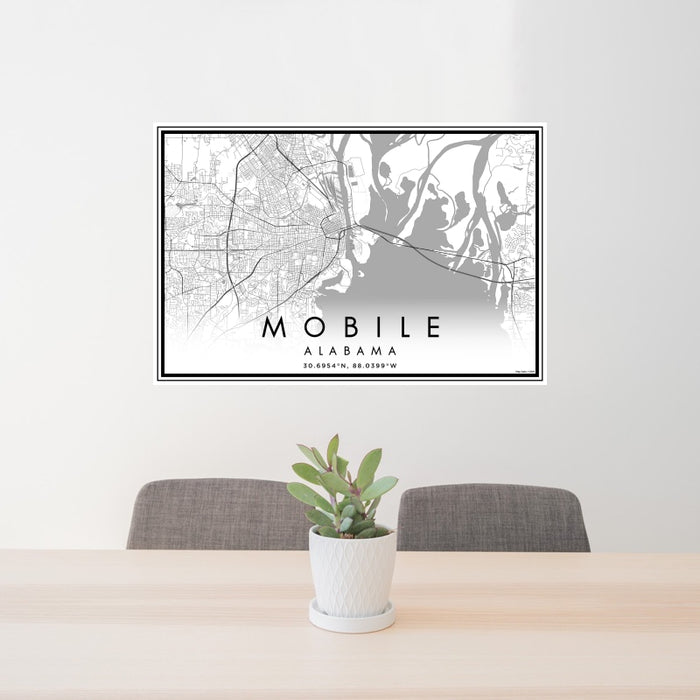 24x36 Mobile Alabama Map Print Landscape Orientation in Classic Style Behind 2 Chairs Table and Potted Plant