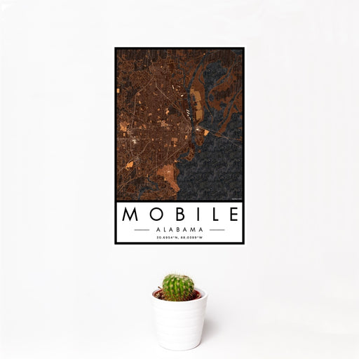 12x18 Mobile Alabama Map Print Portrait Orientation in Ember Style With Small Cactus Plant in White Planter