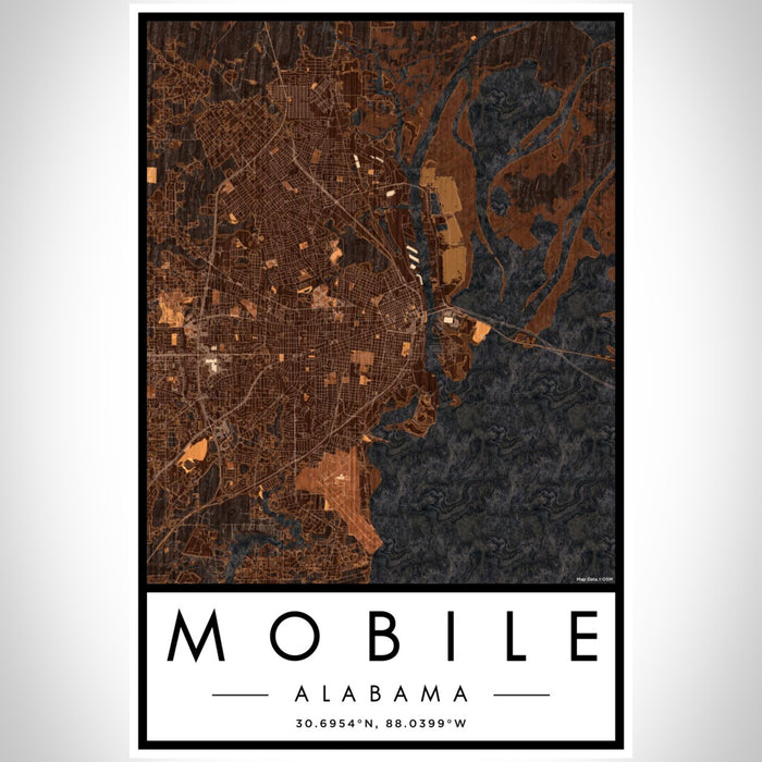 Mobile Alabama Map Print Portrait Orientation in Ember Style With Shaded Background