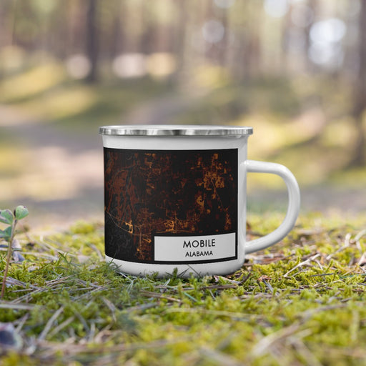 Right View Custom Mobile Alabama Map Enamel Mug in Ember on Grass With Trees in Background