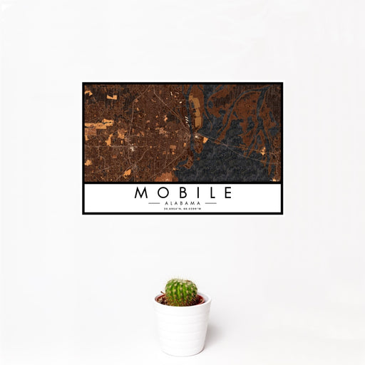 12x18 Mobile Alabama Map Print Landscape Orientation in Ember Style With Small Cactus Plant in White Planter