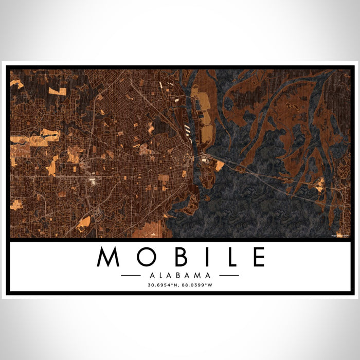 Mobile Alabama Map Print Landscape Orientation in Ember Style With Shaded Background