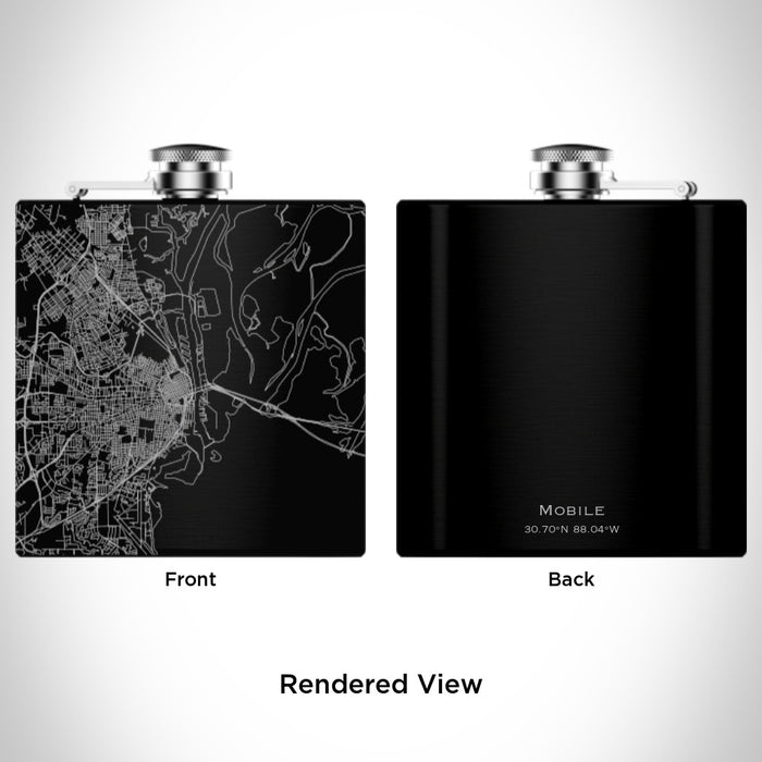 Rendered View of Mobile Alabama Map Engraving on 6oz Stainless Steel Flask in Black