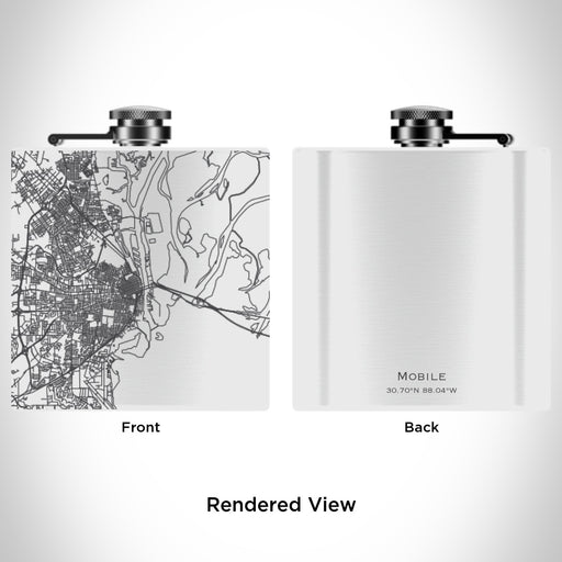 Rendered View of Mobile Alabama Map Engraving on 6oz Stainless Steel Flask in White