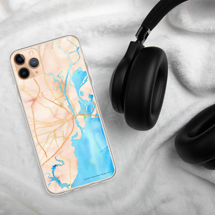 Custom Mobile Alabama Map Phone Case in Watercolor on Table with Black Headphones