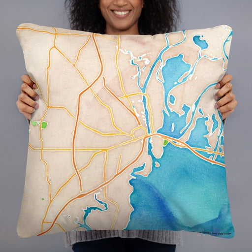 Person holding 22x22 Custom Mobile Alabama Map Throw Pillow in Watercolor
