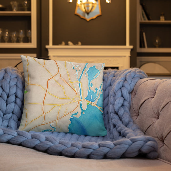 Custom Mobile Alabama Map Throw Pillow in Watercolor on Cream Colored Couch