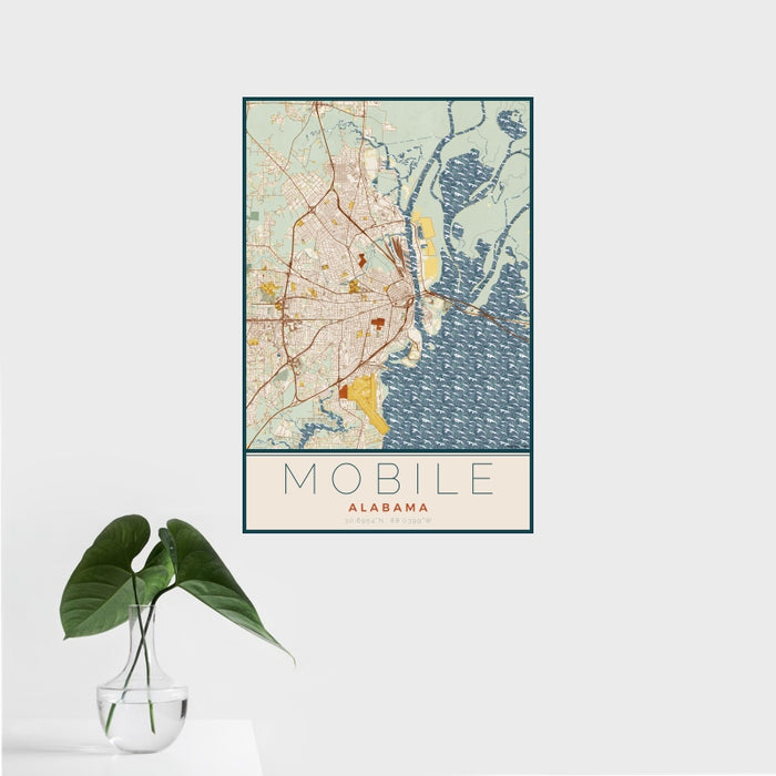 16x24 Mobile Alabama Map Print Portrait Orientation in Woodblock Style With Tropical Plant Leaves in Water