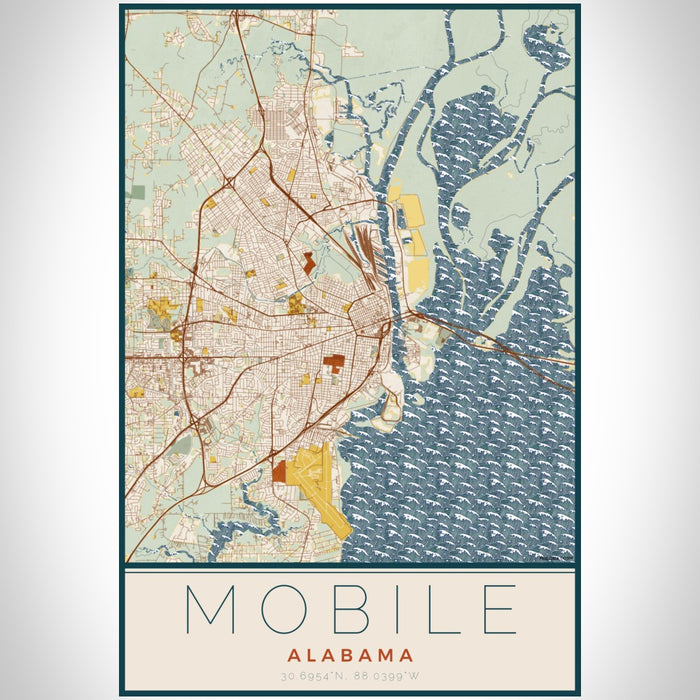 Mobile Alabama Map Print Portrait Orientation in Woodblock Style With Shaded Background