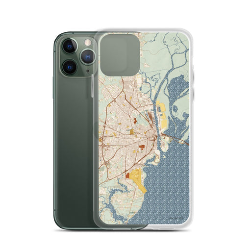 Custom Mobile Alabama Map Phone Case in Woodblock on Table with Laptop and Plant