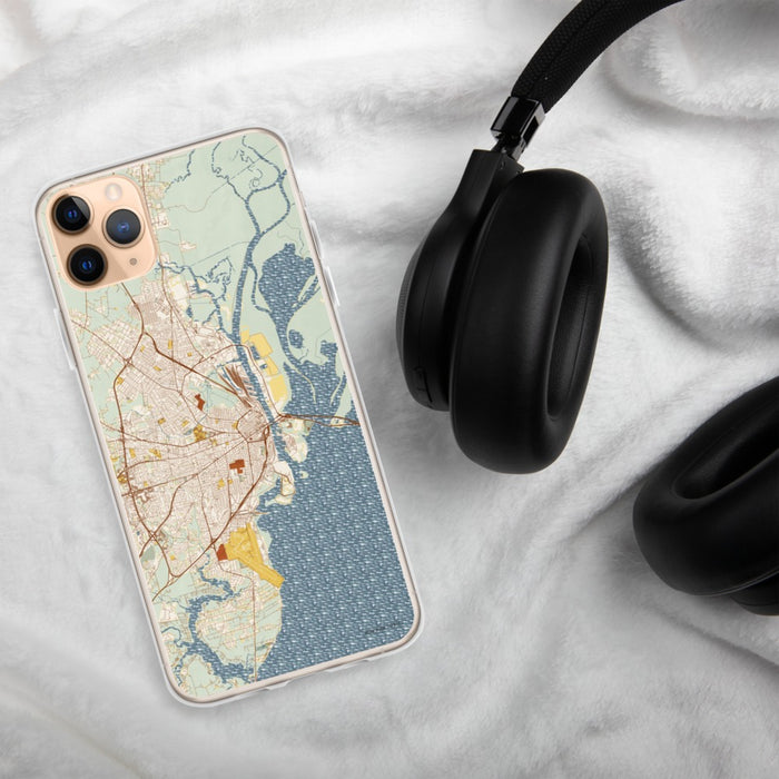 Custom Mobile Alabama Map Phone Case in Woodblock on Table with Black Headphones