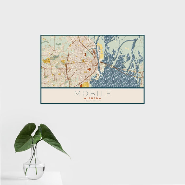 16x24 Mobile Alabama Map Print Landscape Orientation in Woodblock Style With Tropical Plant Leaves in Water