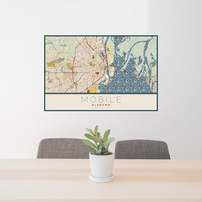 24x36 Mobile Alabama Map Print Landscape Orientation in Woodblock Style Behind 2 Chairs Table and Potted Plant