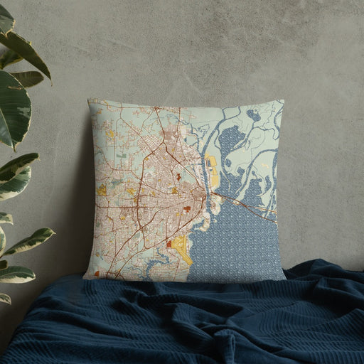 Custom Mobile Alabama Map Throw Pillow in Woodblock on Bedding Against Wall