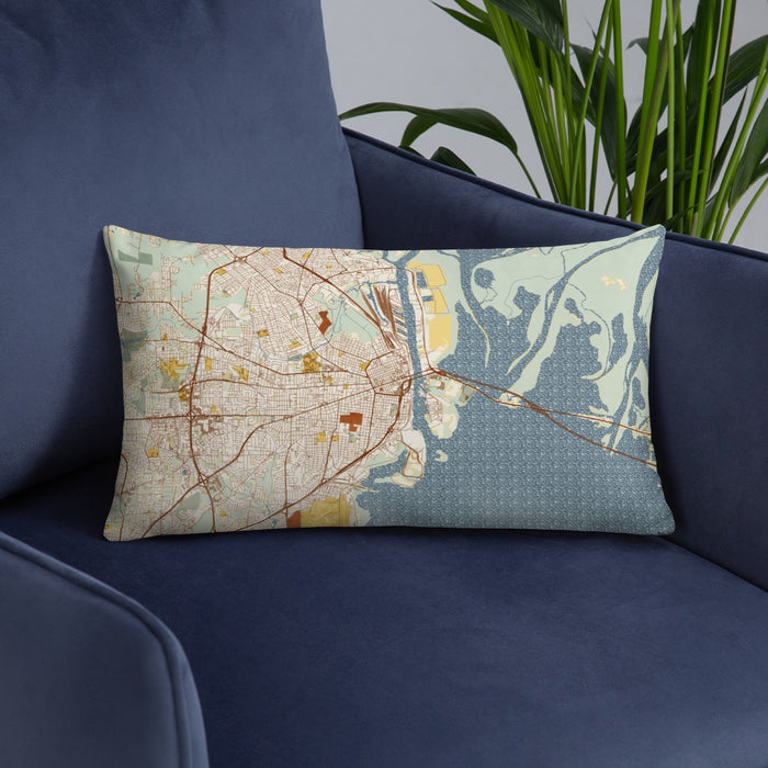 Custom Mobile Alabama Map Throw Pillow in Woodblock on Blue Colored Chair
