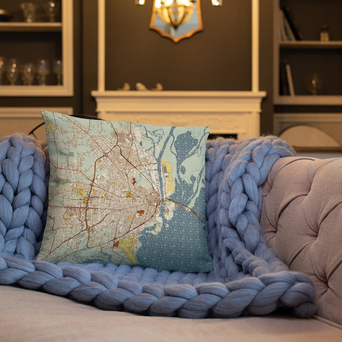 Custom Mobile Alabama Map Throw Pillow in Woodblock on Cream Colored Couch