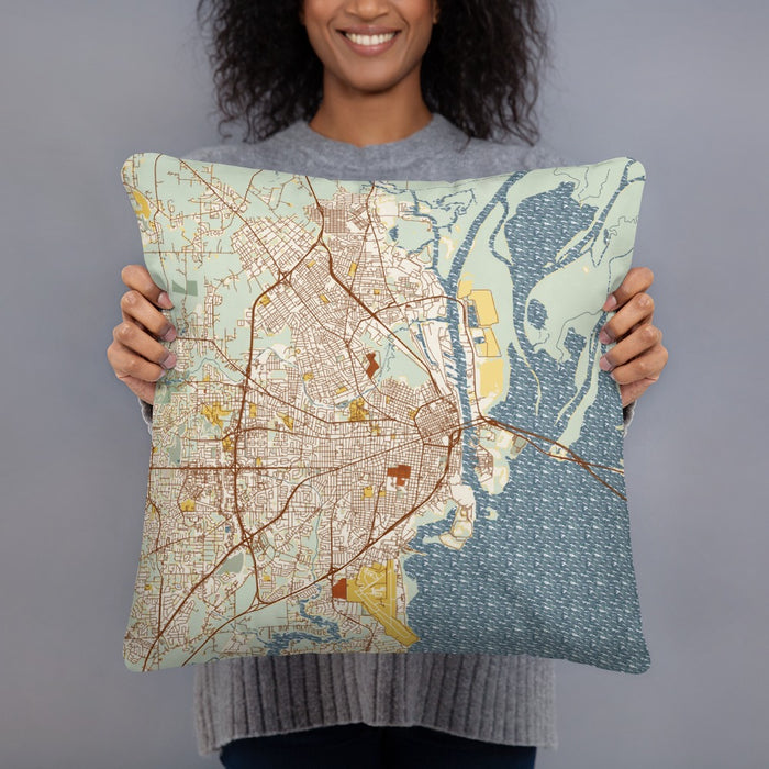 Person holding 18x18 Custom Mobile Alabama Map Throw Pillow in Woodblock