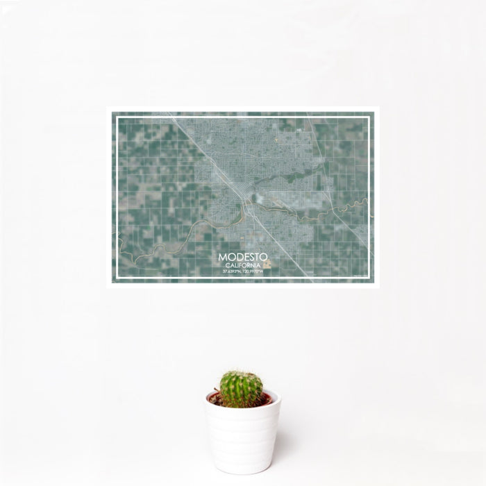 12x18 Modesto California Map Print Landscape Orientation in Afternoon Style With Small Cactus Plant in White Planter