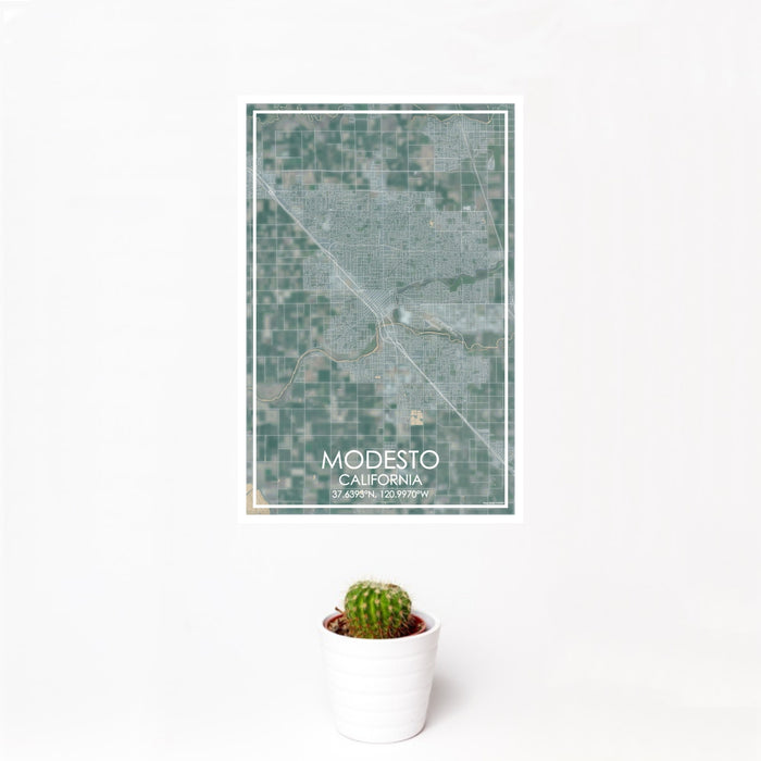 12x18 Modesto California Map Print Portrait Orientation in Afternoon Style With Small Cactus Plant in White Planter