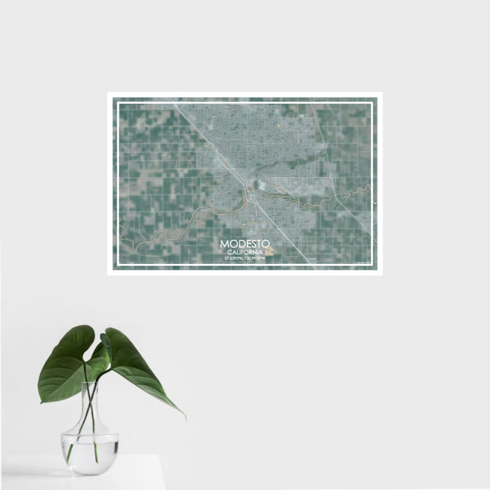 16x24 Modesto California Map Print Landscape Orientation in Afternoon Style With Tropical Plant Leaves in Water