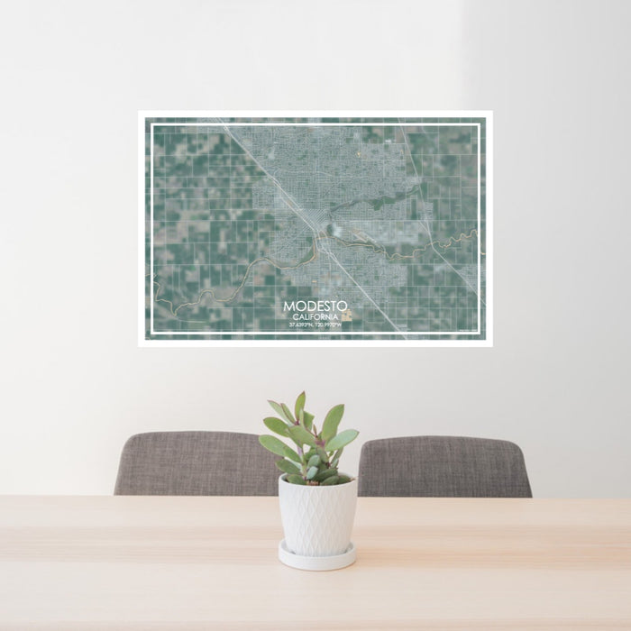 24x36 Modesto California Map Print Lanscape Orientation in Afternoon Style Behind 2 Chairs Table and Potted Plant