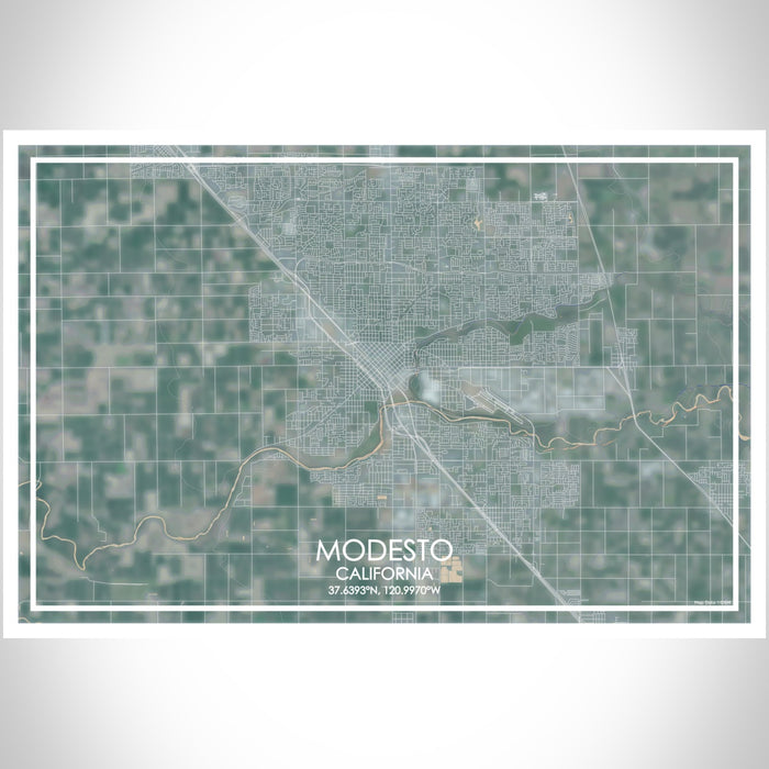 Modesto California Map Print Landscape Orientation in Afternoon Style With Shaded Background