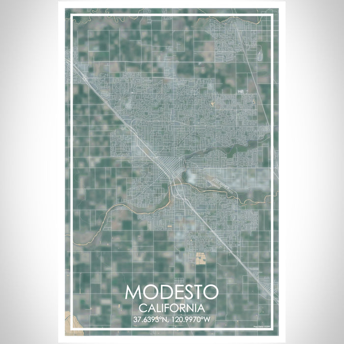 Modesto California Map Print Portrait Orientation in Afternoon Style With Shaded Background