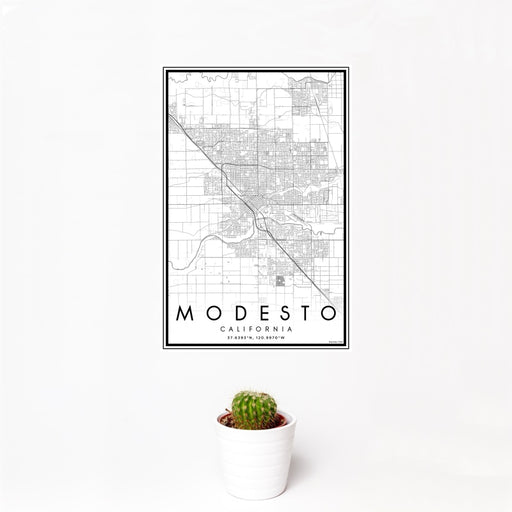 12x18 Modesto California Map Print Portrait Orientation in Classic Style With Small Cactus Plant in White Planter