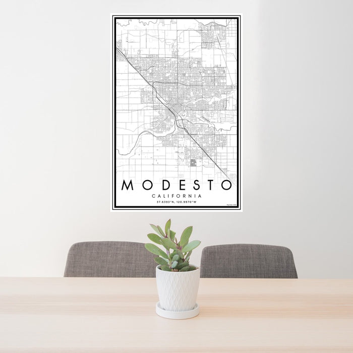 24x36 Modesto California Map Print Portrait Orientation in Classic Style Behind 2 Chairs Table and Potted Plant