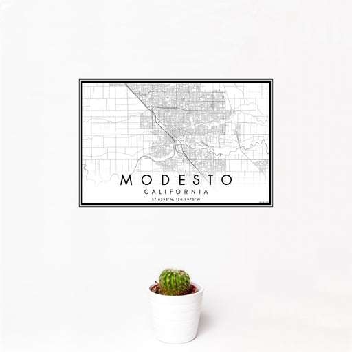 12x18 Modesto California Map Print Landscape Orientation in Classic Style With Small Cactus Plant in White Planter